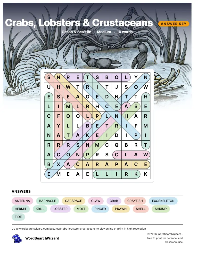 Crabs, Lobsters & Crustaceans word search answer key, all 16 words marked