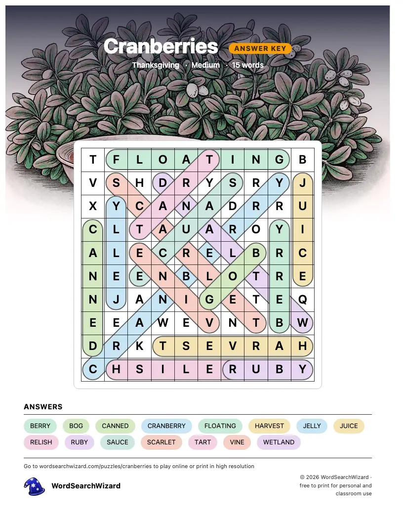 Cranberries word search answer key, all 15 words marked