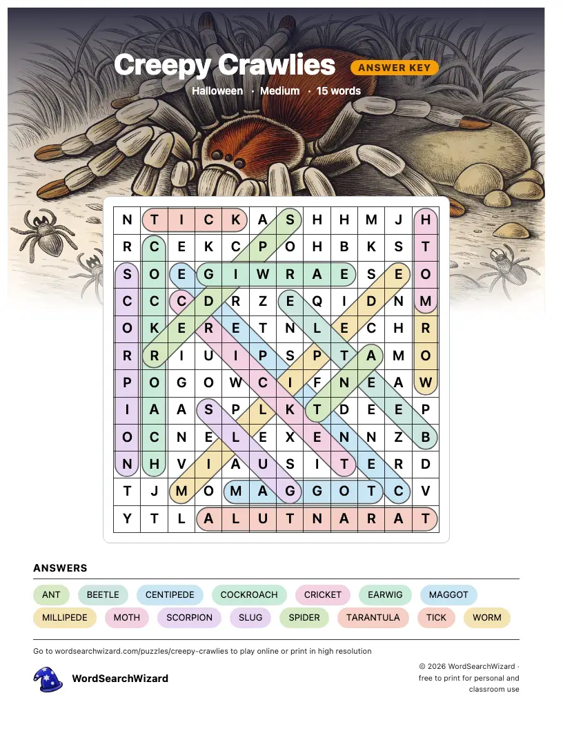 Creepy Crawlies word search answer key, all 15 words marked