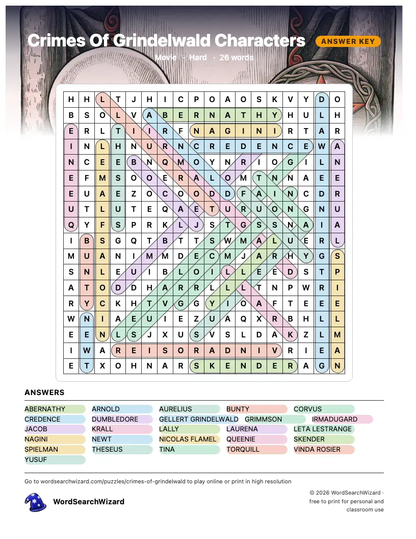 Crimes Of Grindelwald Characters word search answer key, all 26 words marked