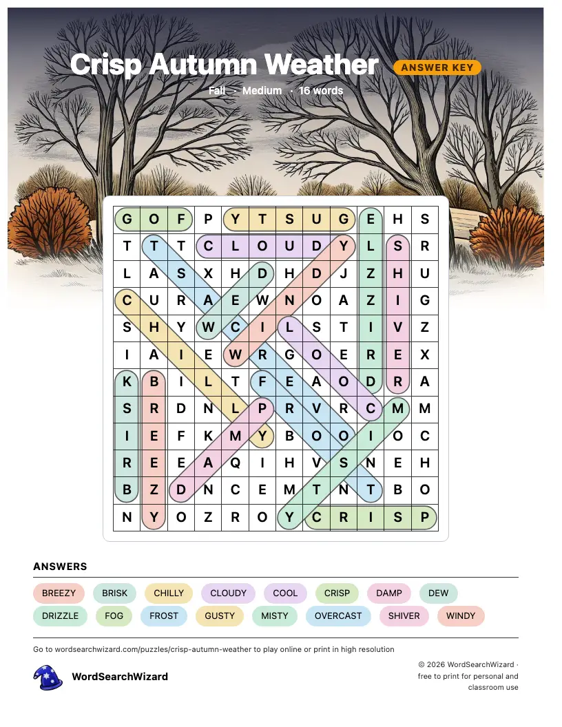 Crisp Autumn Weather word search answer key, all 16 words marked