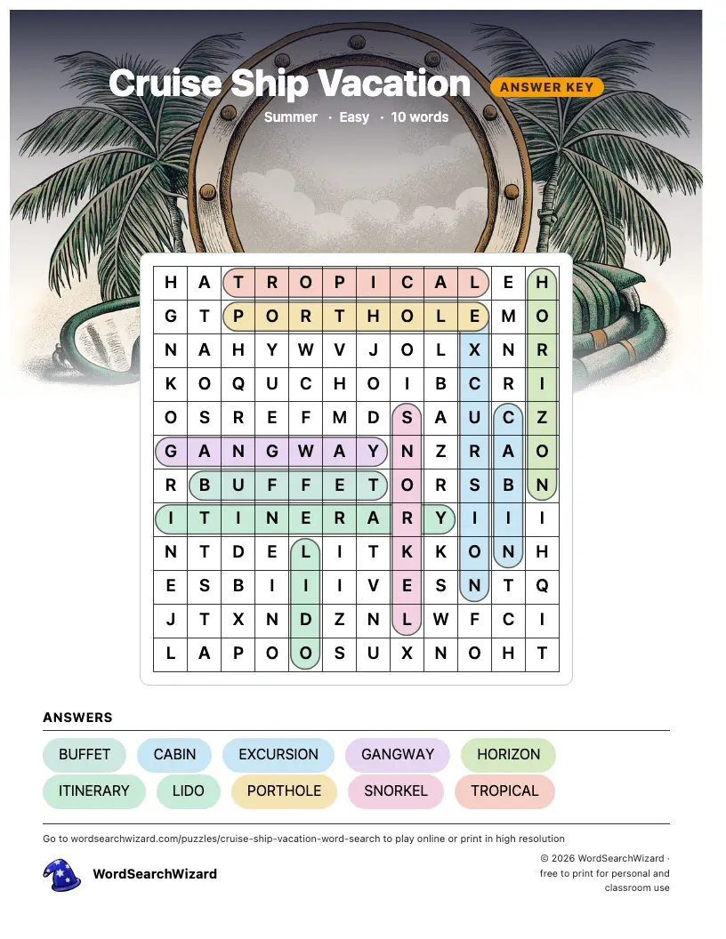 Cruise Ship Vacation word search answer key, all 10 words marked