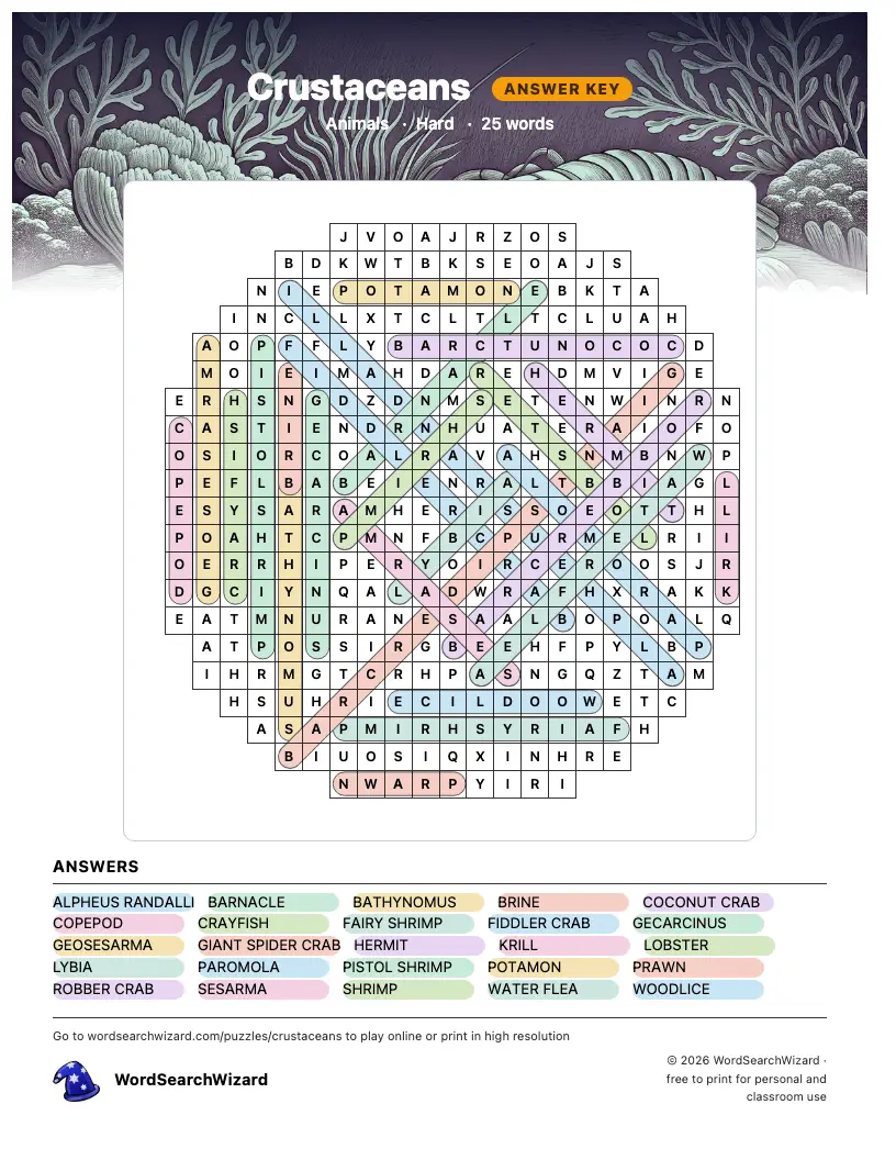 Crustaceans word search answer key, all 25 words marked
