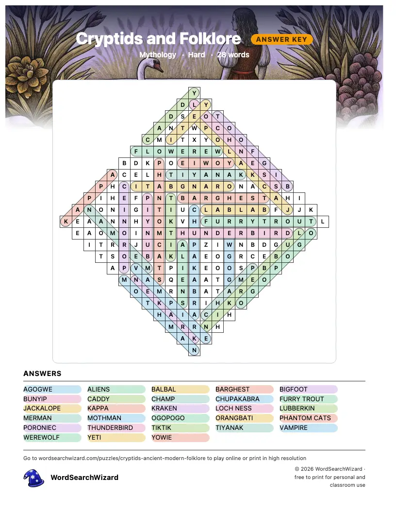 Cryptids and Folklore word search answer key, all 28 words marked