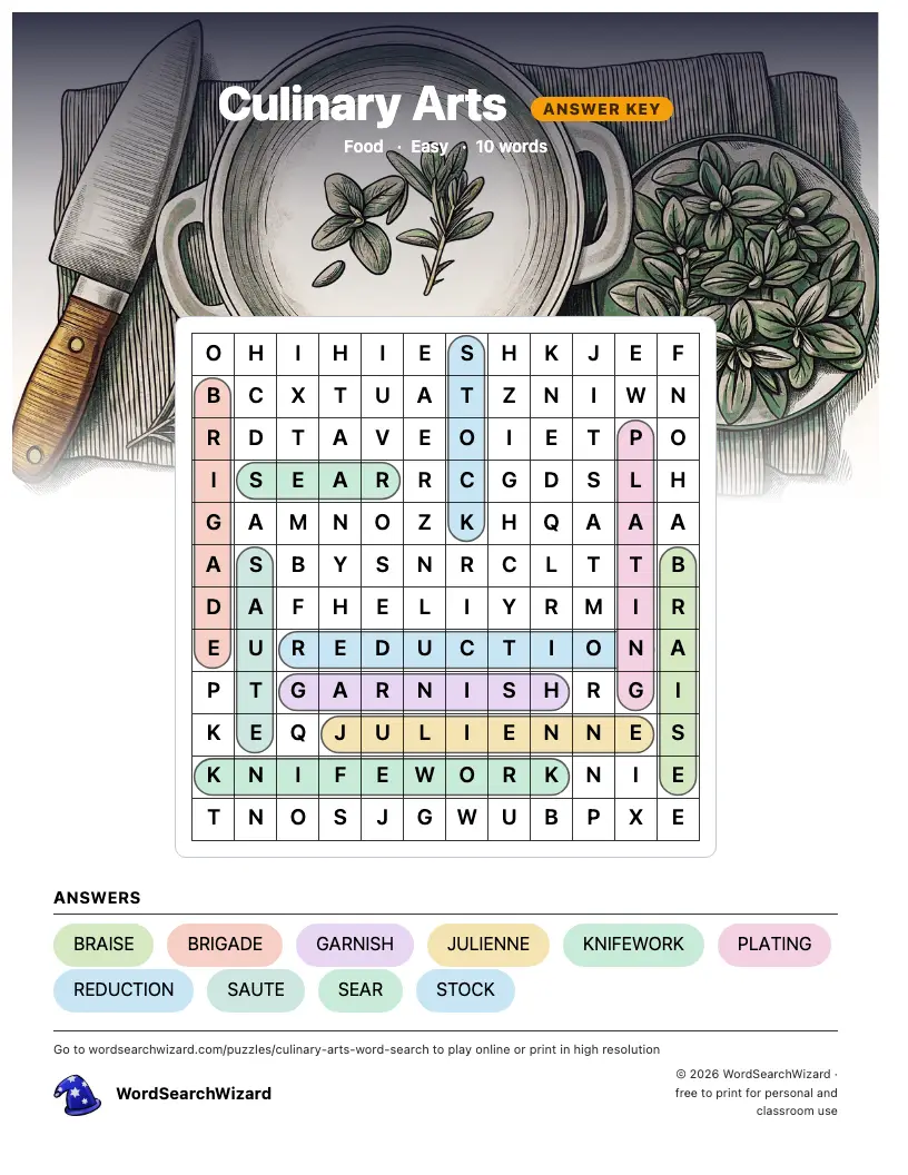 Culinary Arts word search answer key, all 10 words marked