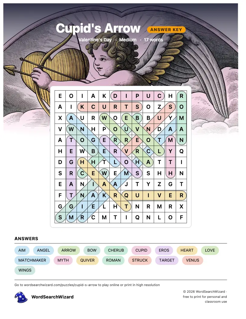 Cupid's Arrow word search answer key, all 17 words marked