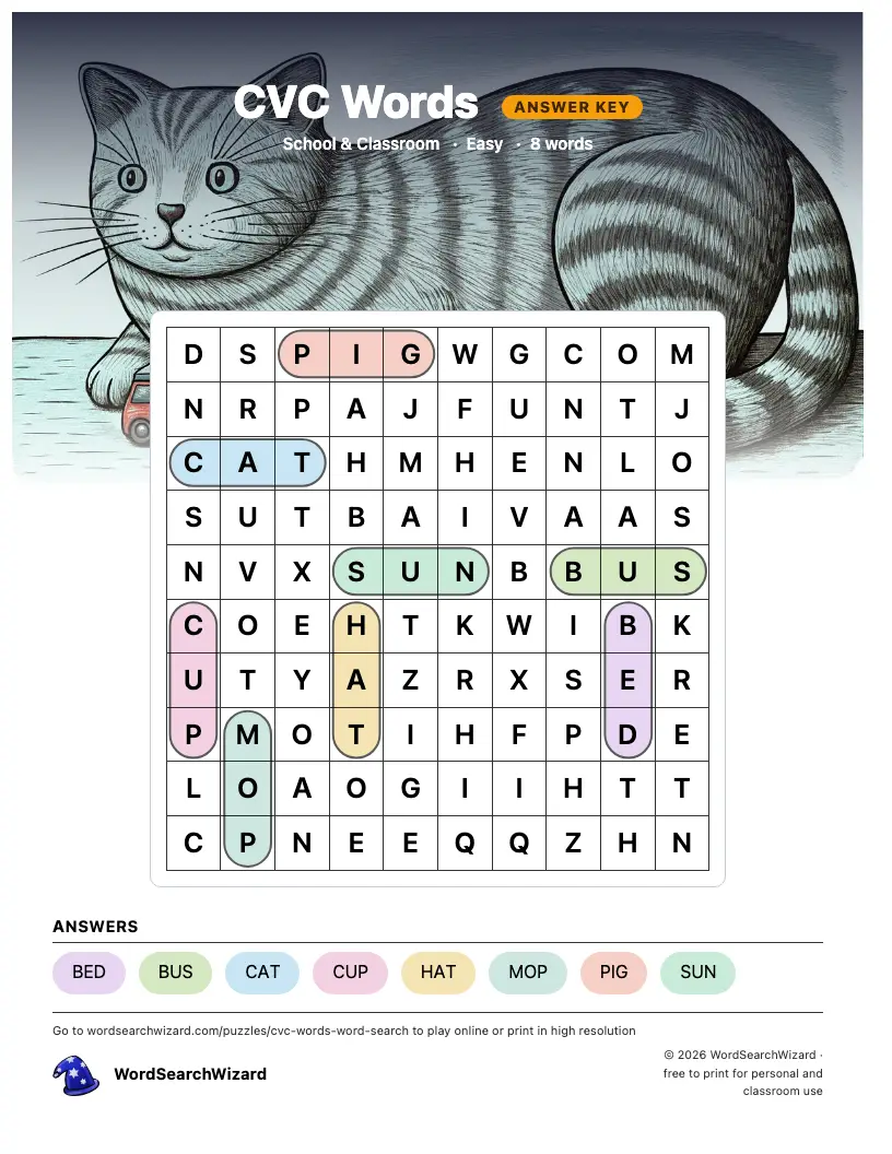 CVC Words word search answer key, all 8 words marked