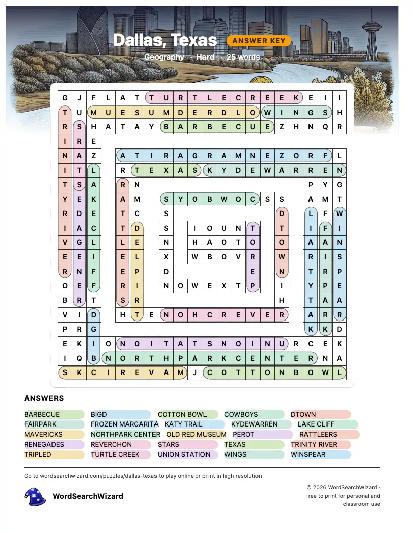 Dallas, Texas word search answer key, all 25 words marked