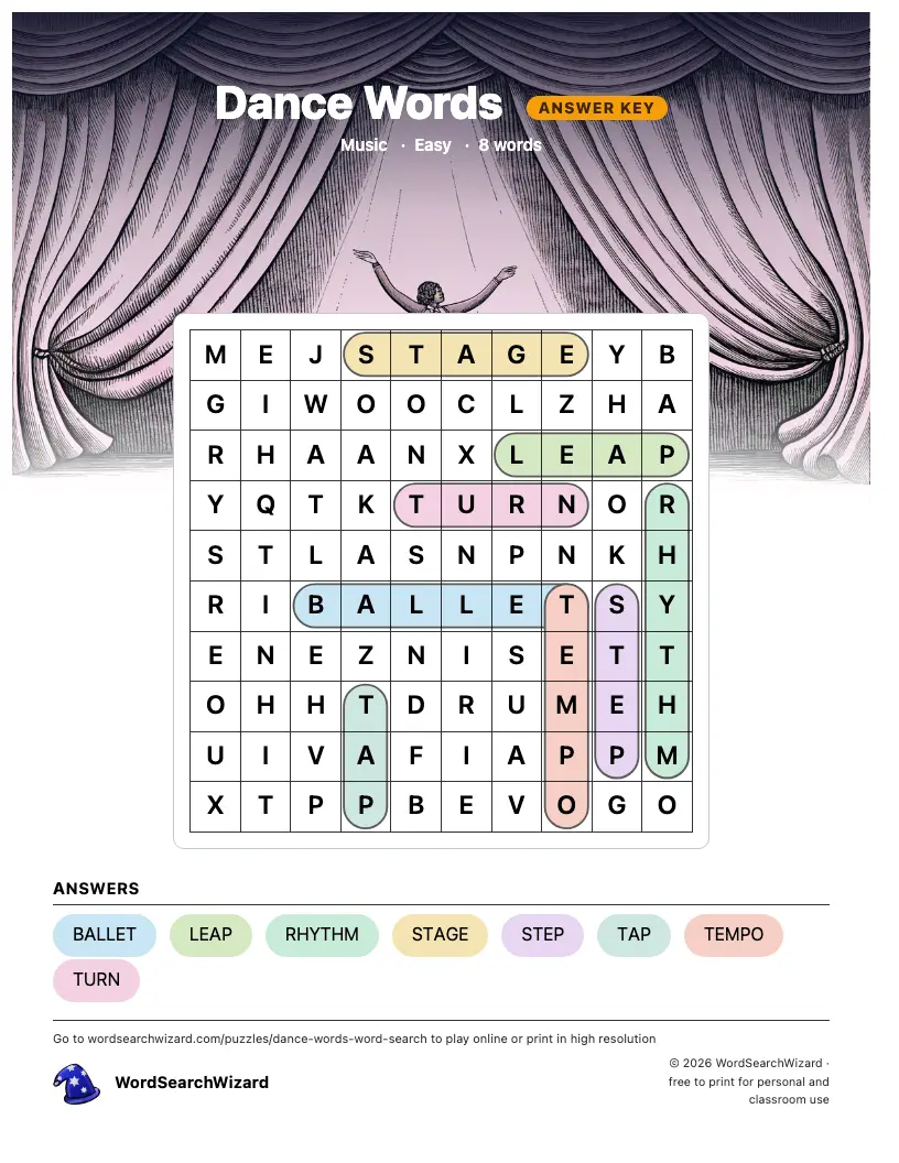 Dance Words word search answer key, all 8 words marked