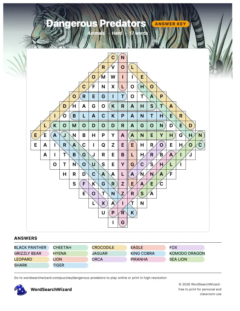 Dangerous Predators word search answer key, all 17 words marked