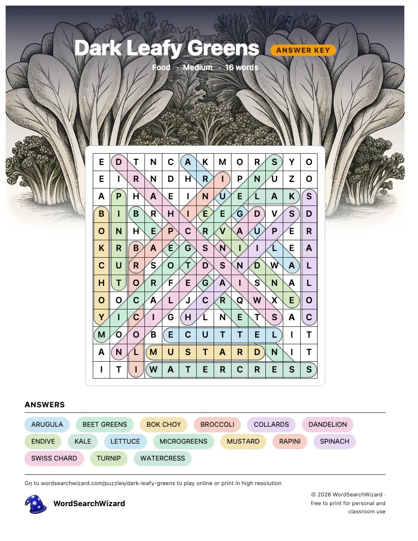 Dark Leafy Greens word search answer key, all 16 words marked