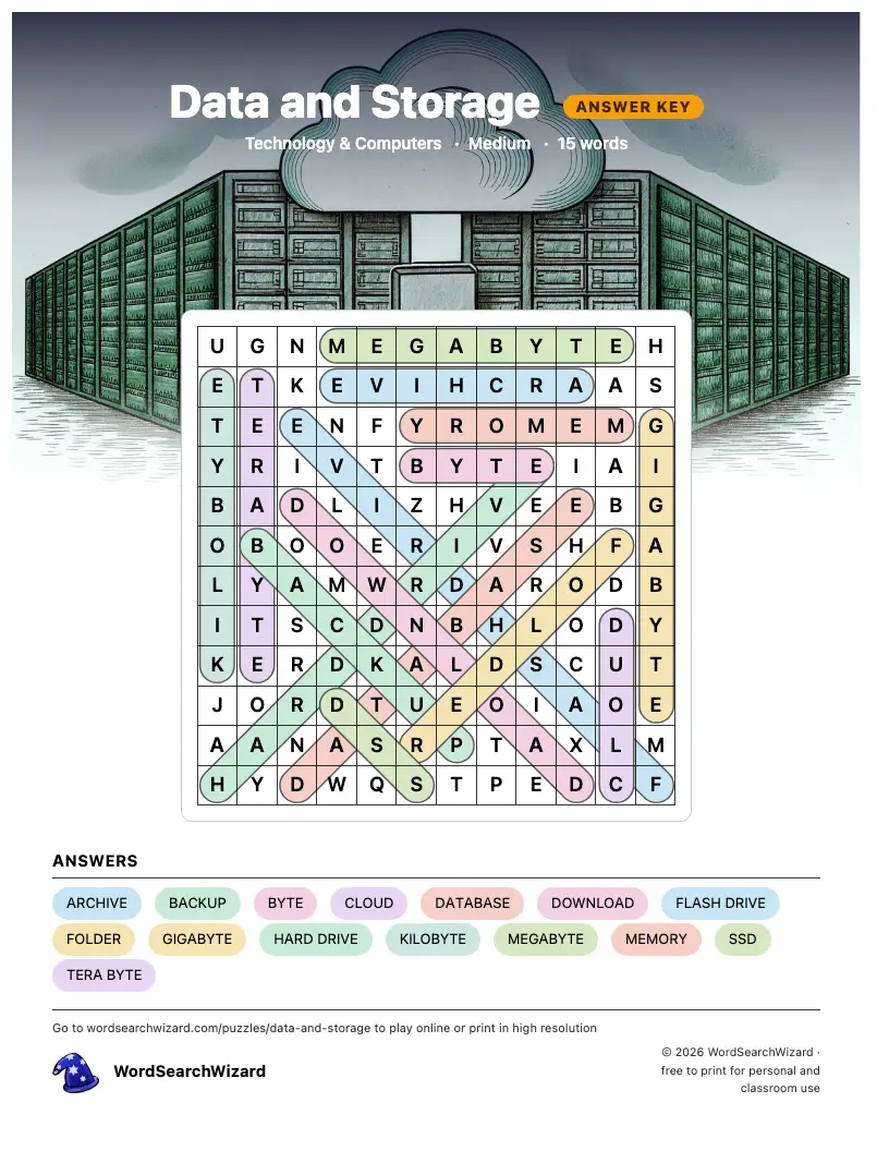 Data and Storage word search answer key, all 15 words marked