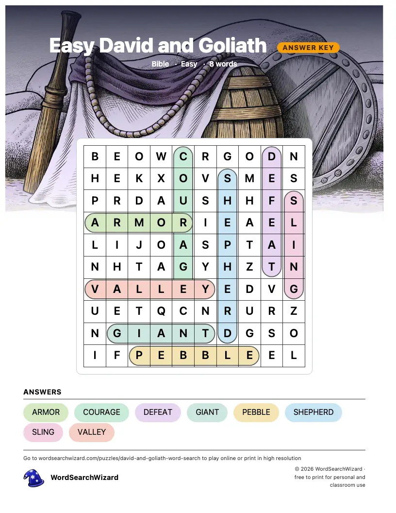 Easy David and Goliath word search answer key, all 8 words marked