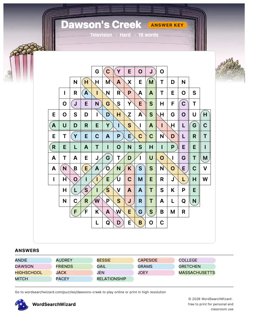 Dawson's Creek word search answer key, all 18 words marked