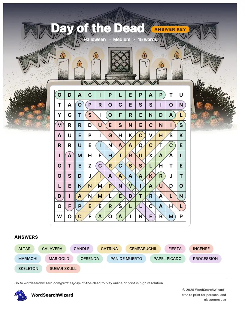 Day of the Dead word search answer key, all 15 words marked