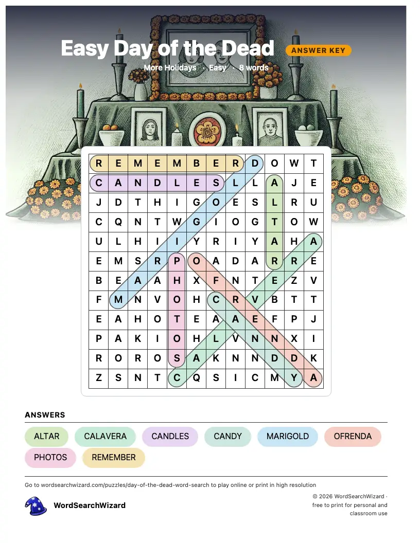 Easy Day of the Dead word search answer key, all 8 words marked