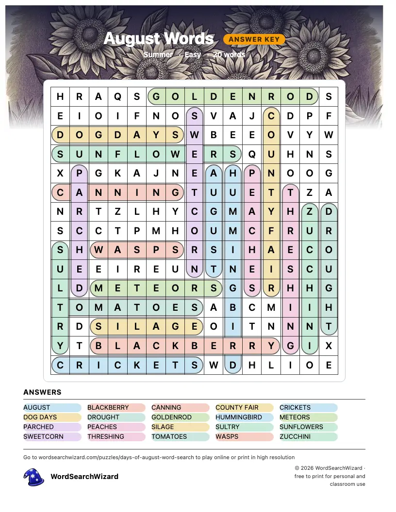 August Words word search answer key, all 20 words marked