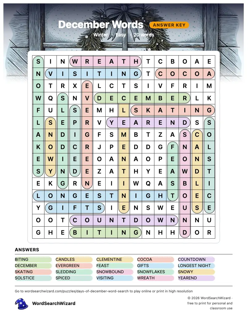 December Words word search answer key, all 20 words marked