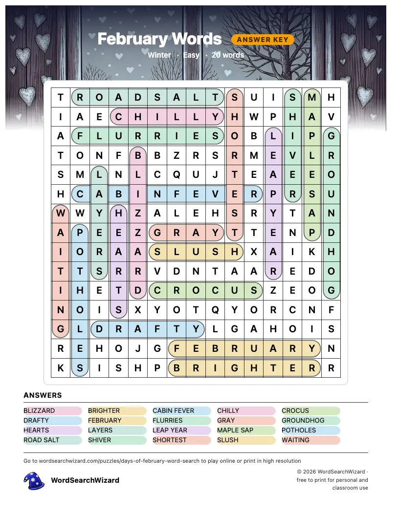 February Words word search answer key, all 20 words marked