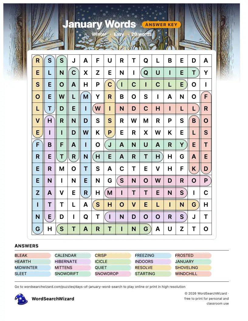 January Words word search answer key, all 20 words marked