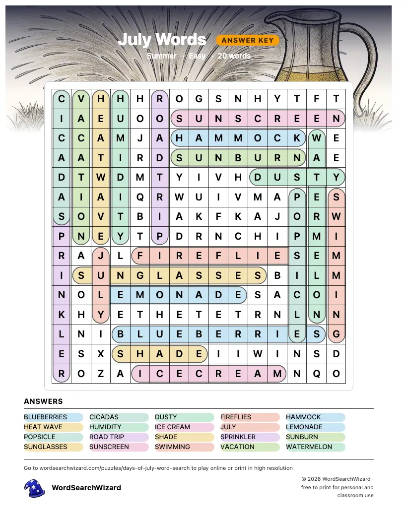 July Words word search answer key, all 20 words marked