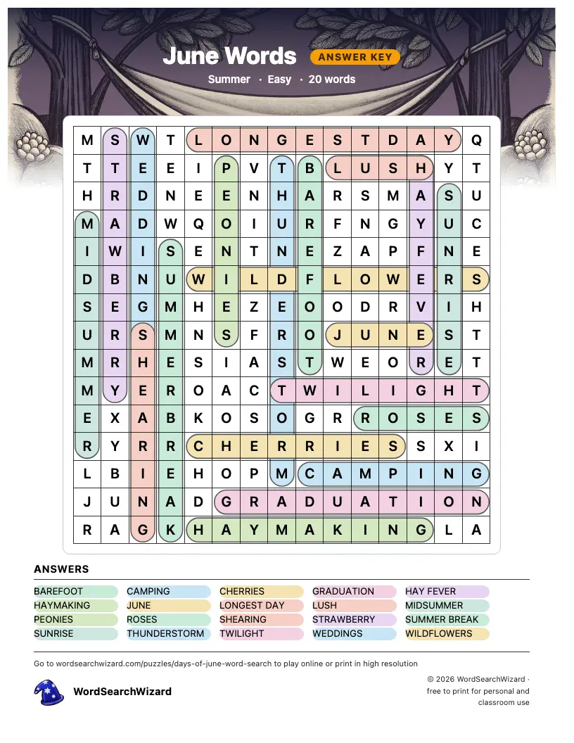 June Words word search answer key, all 20 words marked