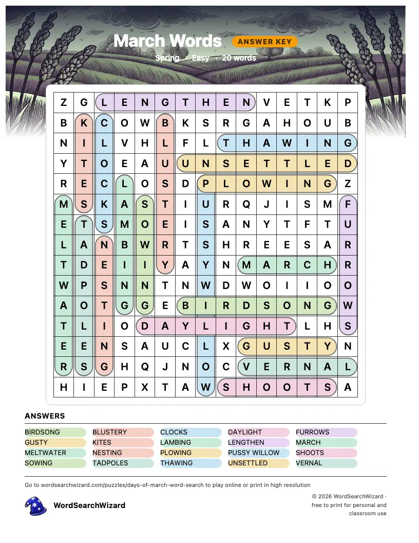 March Words word search answer key, all 20 words marked