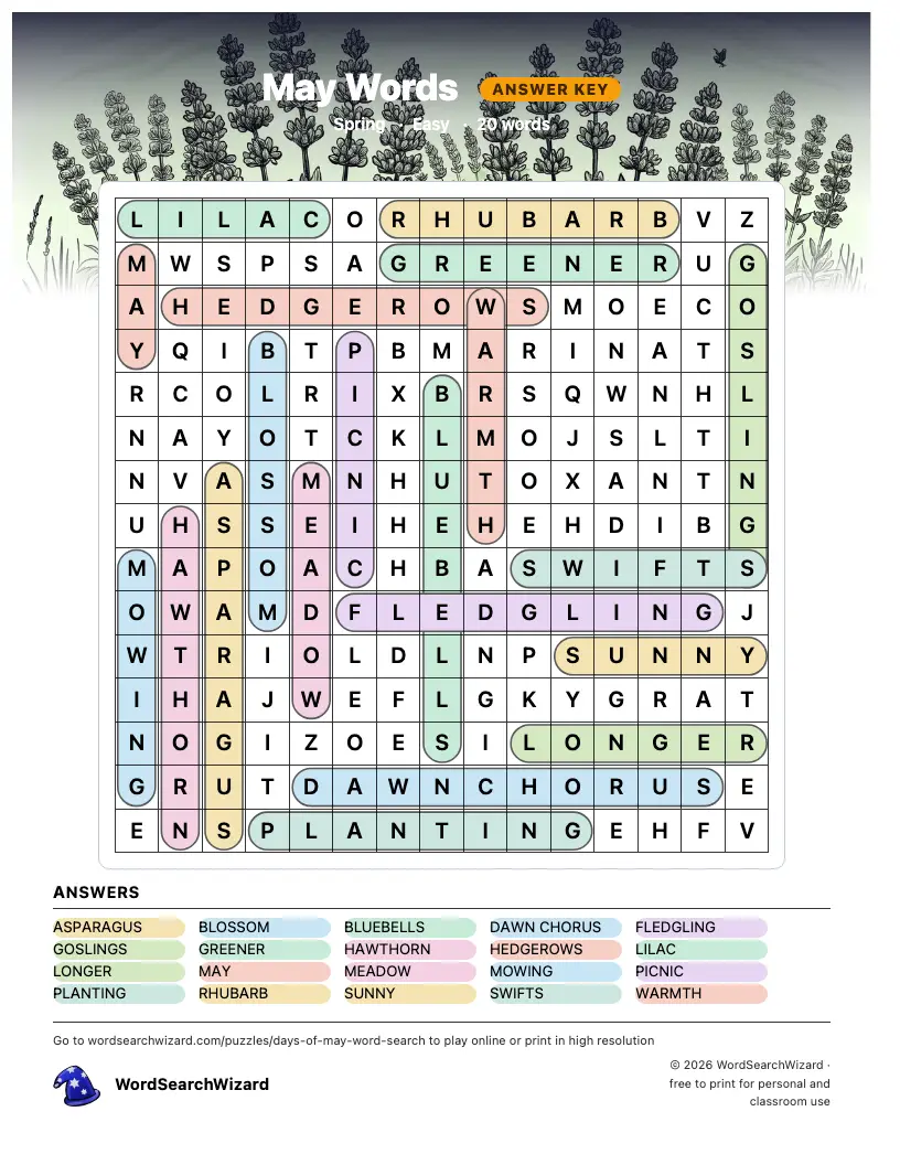 May Words word search answer key, all 20 words marked