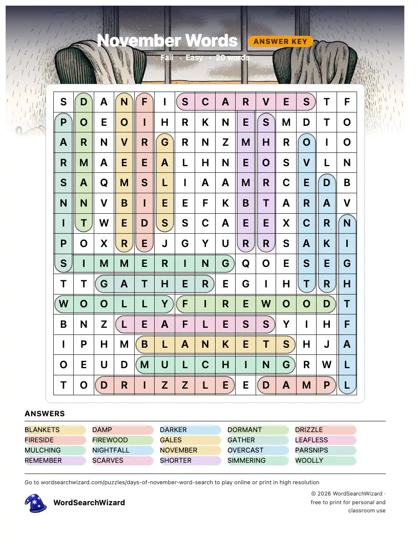 November Words word search answer key, all 20 words marked