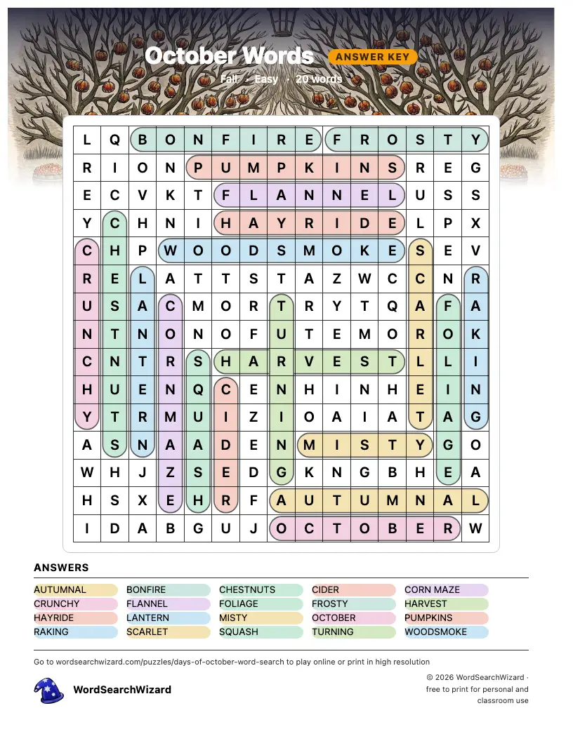 October Words word search answer key, all 20 words marked