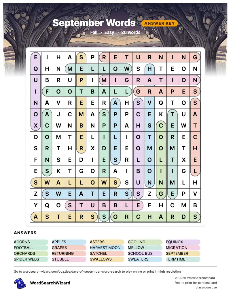September Words word search answer key, all 20 words marked