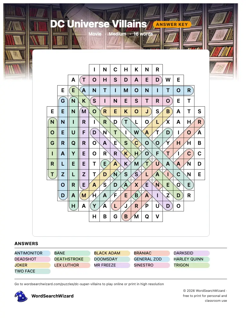 DC Universe Villains word search answer key, all 16 words marked