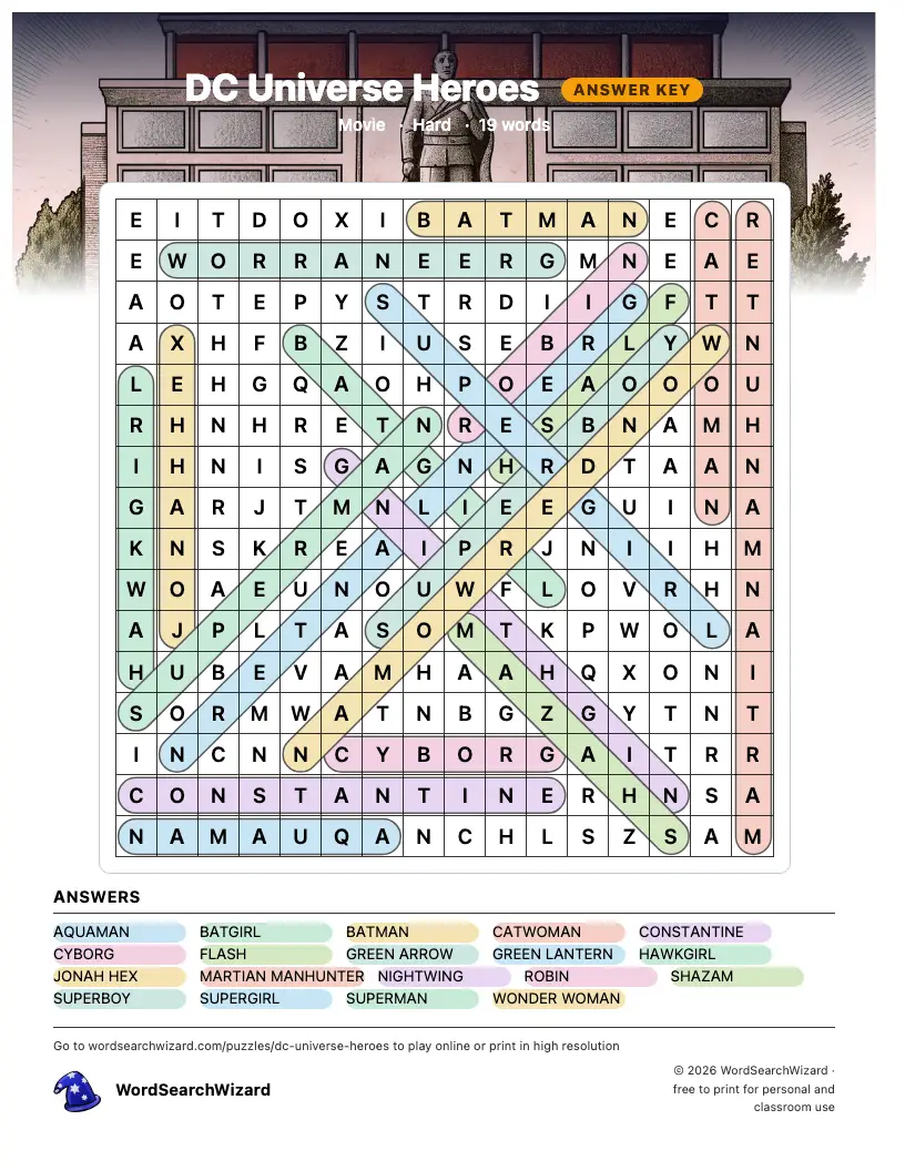 DC Universe Heroes word search answer key, all 19 words marked