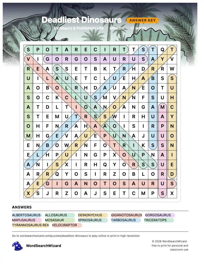 Deadliest Dinosaurs word search answer key, all 12 words marked
