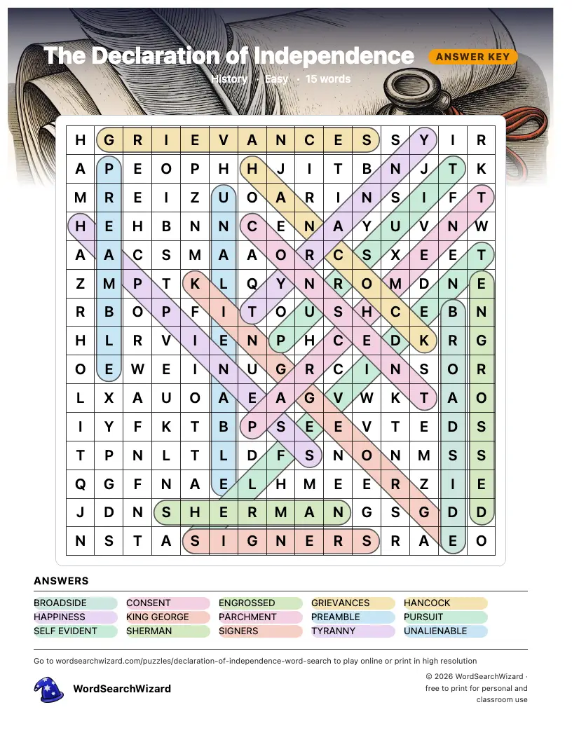 The Declaration of Independence word search answer key, all 15 words marked