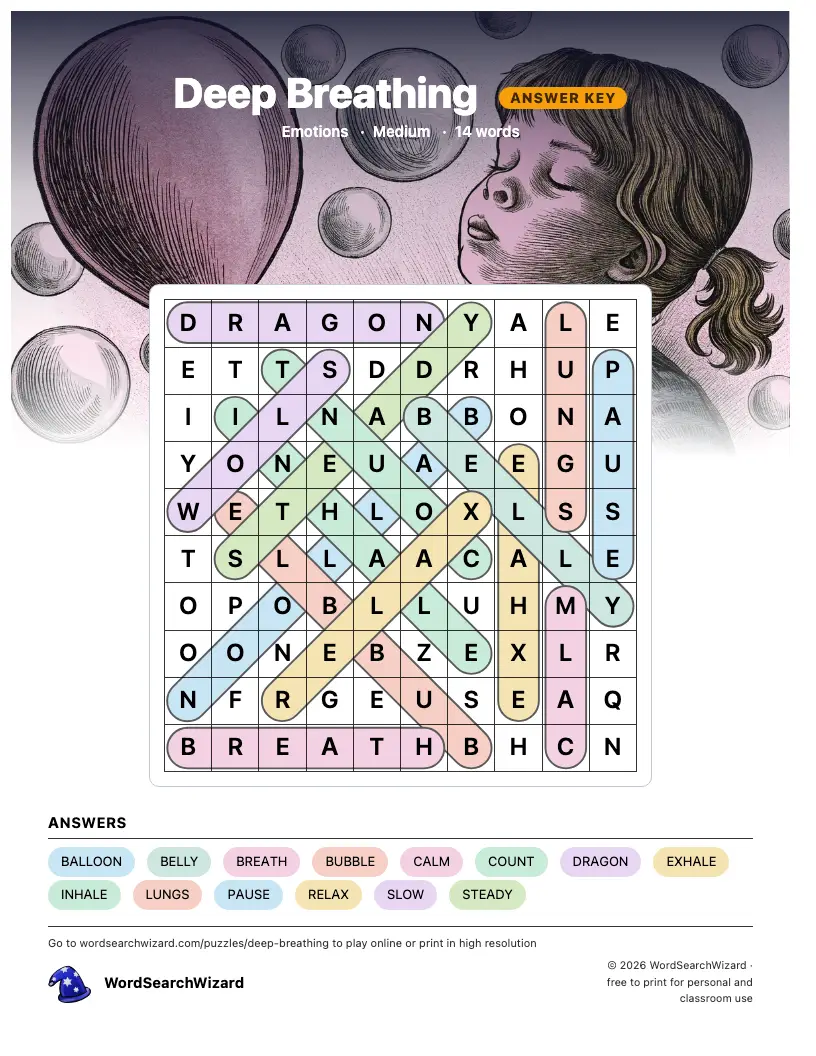 Deep Breathing word search answer key, all 14 words marked