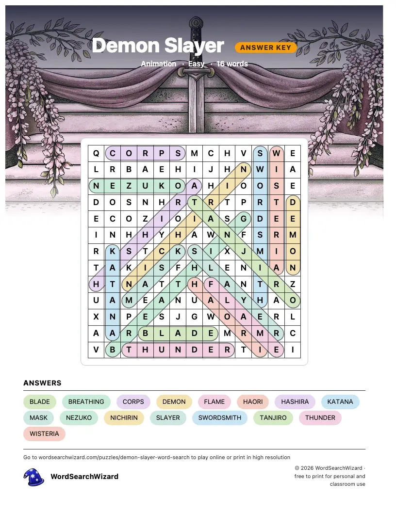 Demon Slayer word search answer key, all 16 words marked