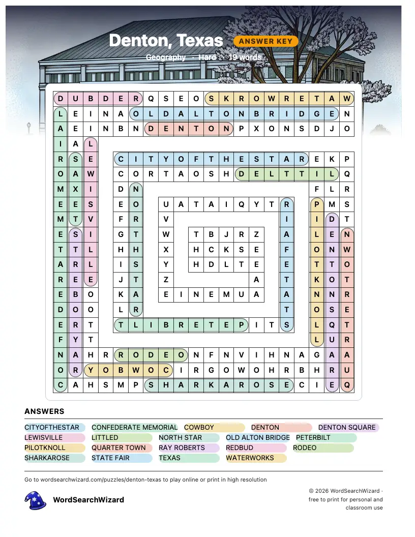 Denton, Texas word search answer key, all 19 words marked