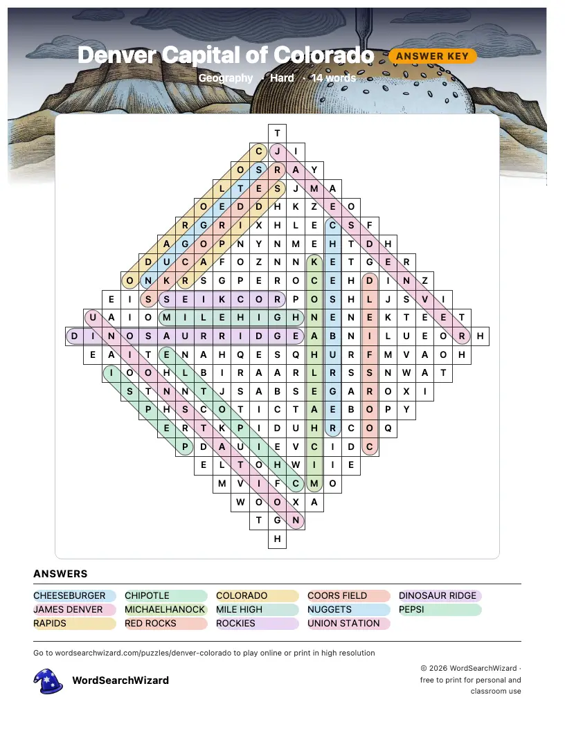 Denver Capital of Colorado word search answer key, all 14 words marked
