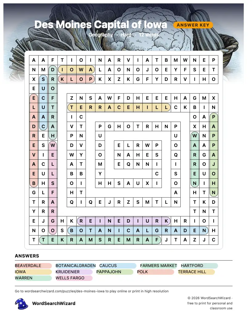 Des Moines Capital of Iowa word search answer key, all 12 words marked