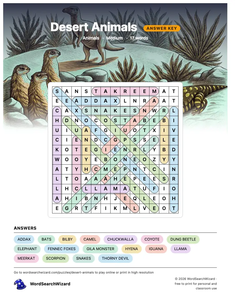 Desert Animals word search answer key, all 17 words marked