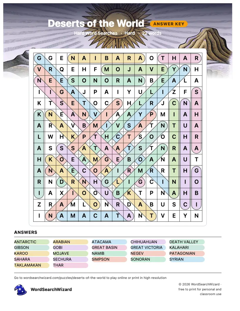 Deserts of the World word search answer key, all 22 words marked