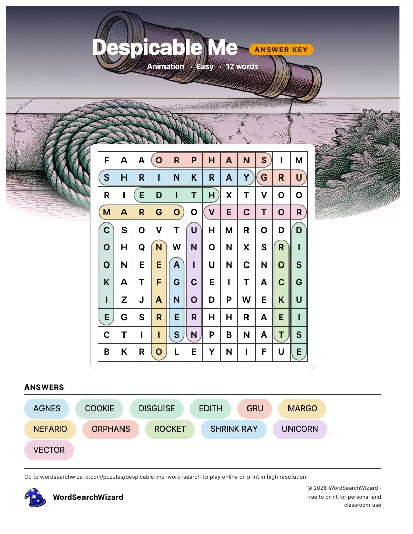 Despicable Me word search answer key, all 12 words marked