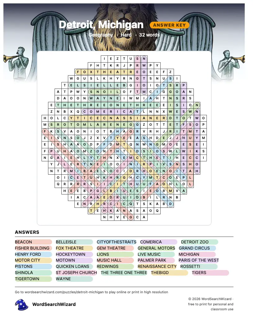 Detroit, Michigan word search answer key, all 32 words marked