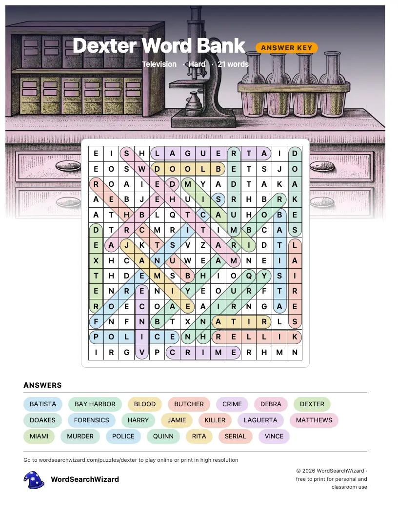 Dexter Word Bank word search answer key, all 21 words marked