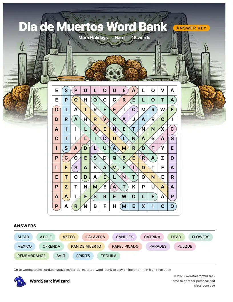 Dia de Muertos Word Bank word search answer key, all 18 words marked