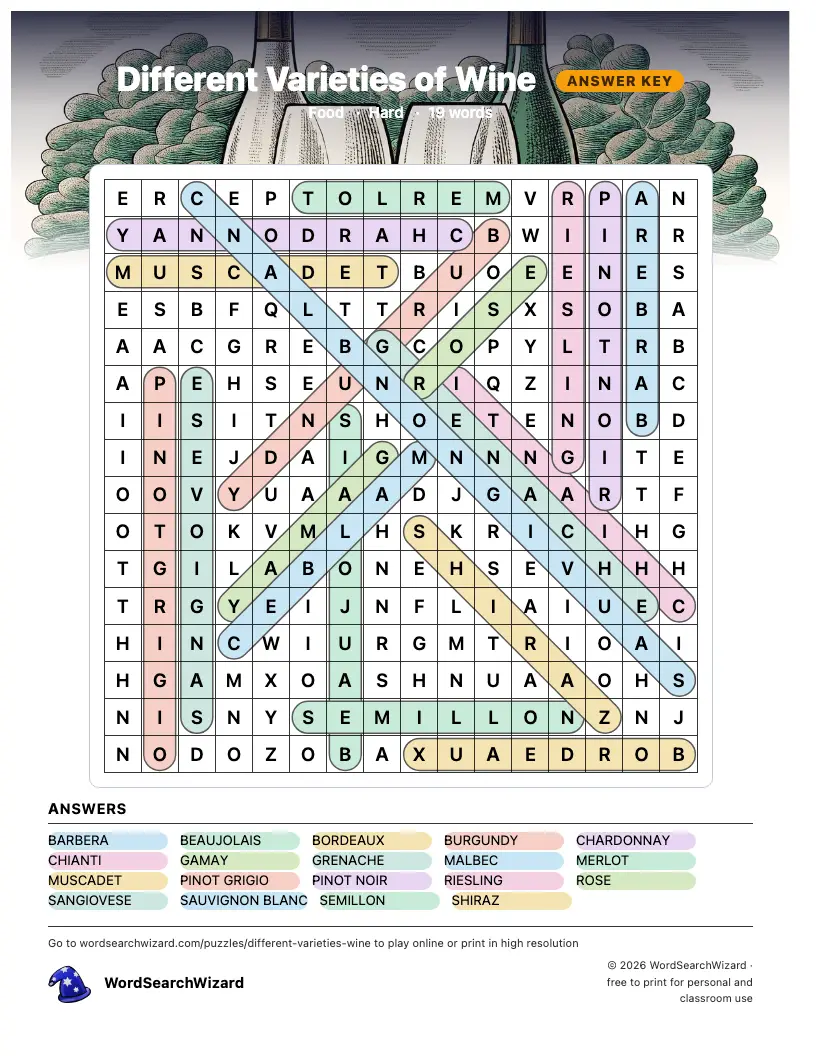 Different Varieties of Wine word search answer key, all 19 words marked