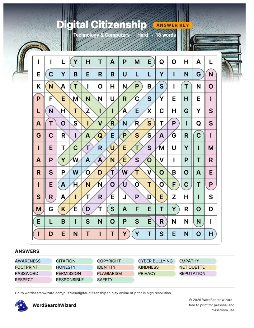 Digital Citizenship word search answer key, all 18 words marked