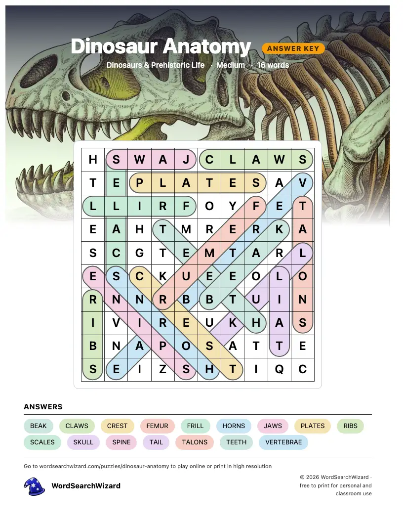 Dinosaur Anatomy word search answer key, all 16 words marked