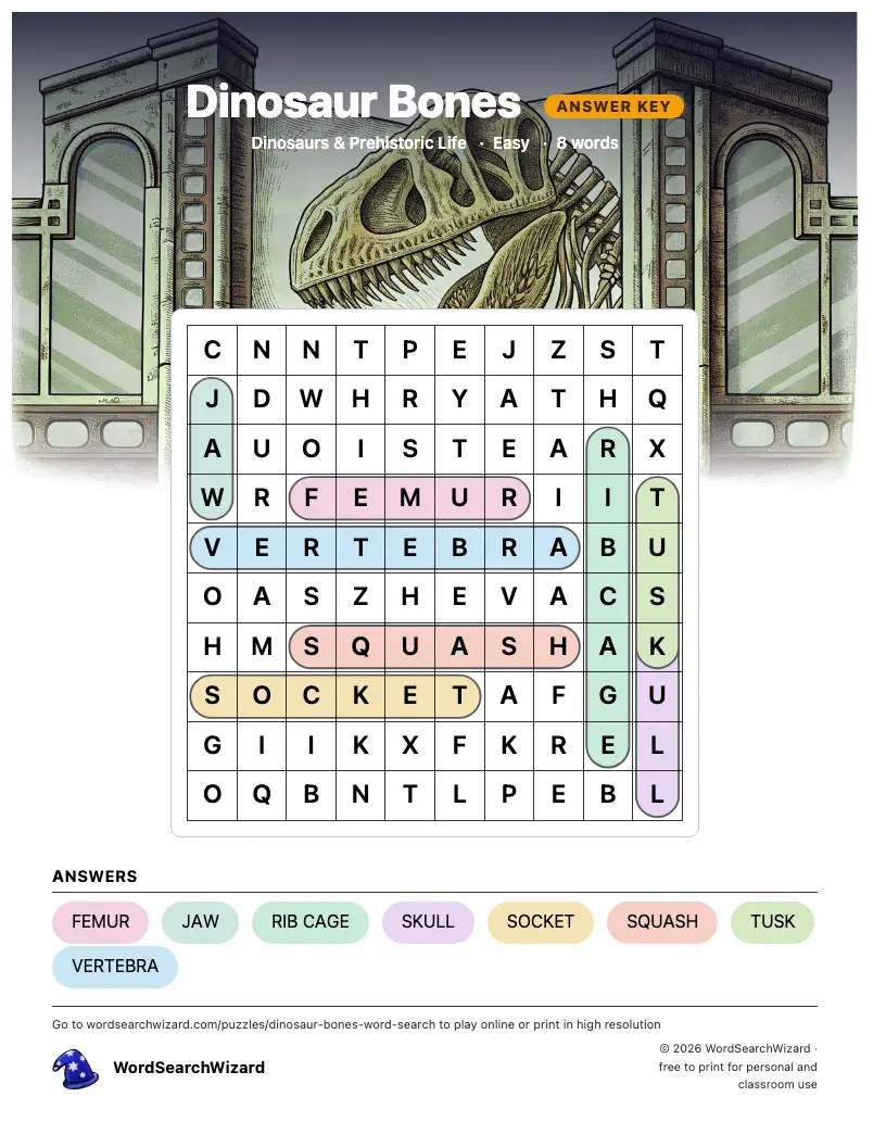 Dinosaur Bones word search answer key, all 8 words marked